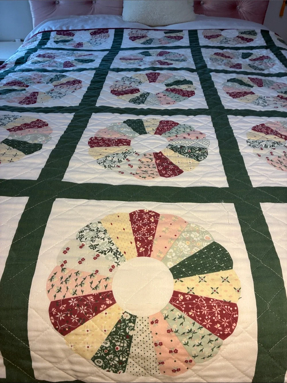 Handmade Floral Patchwork Quilt Bedspread in Green and Pastel Tones